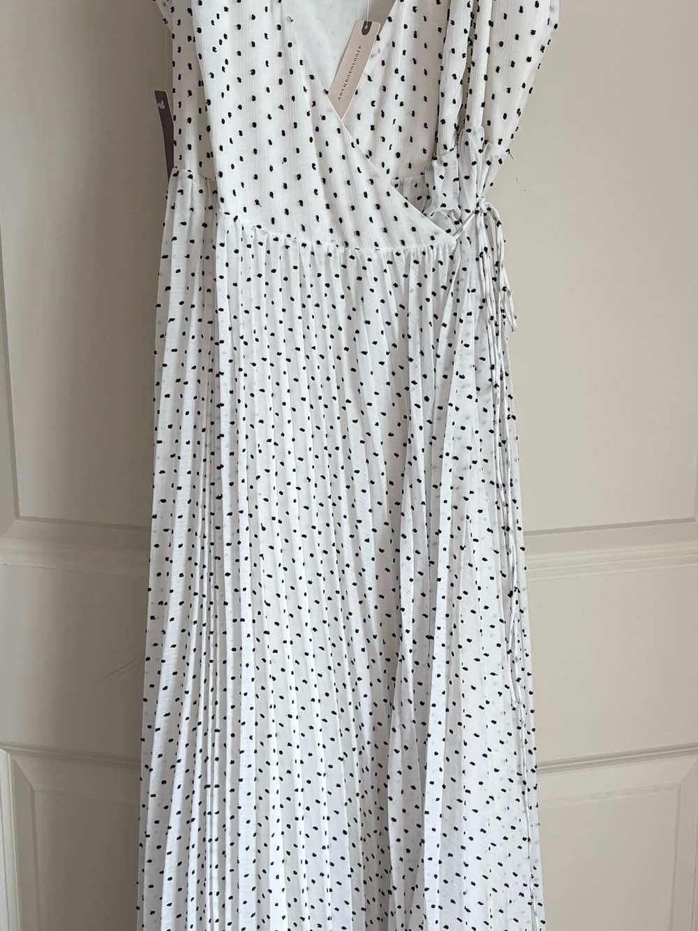 Daniel Rainn White Pleated Polka Dot Wrap Maxi Dress